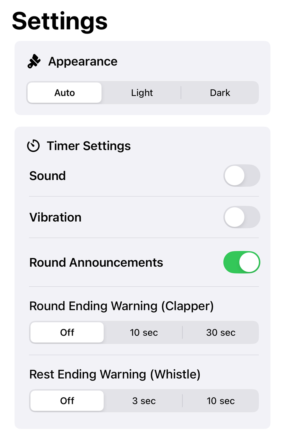 Screenshot showing the Round Announcements toggle in the Boxing Timer Champ app settings